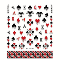 5D Red Poker Nail Art Stickers Self Adhesive Embossed Decals