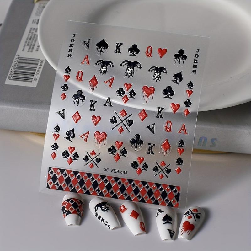 5D Red Poker Nail Art Stickers Self Adhesive Embossed Decals