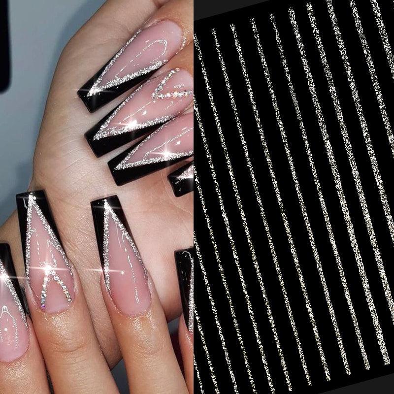 French 3D Nail Decals Stripes Silvery Glitter Stickers