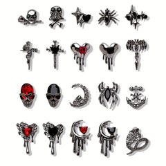 20pcs Halloween Crocodile Skull Spider Nail Charms with Rhinestones Heart Moon