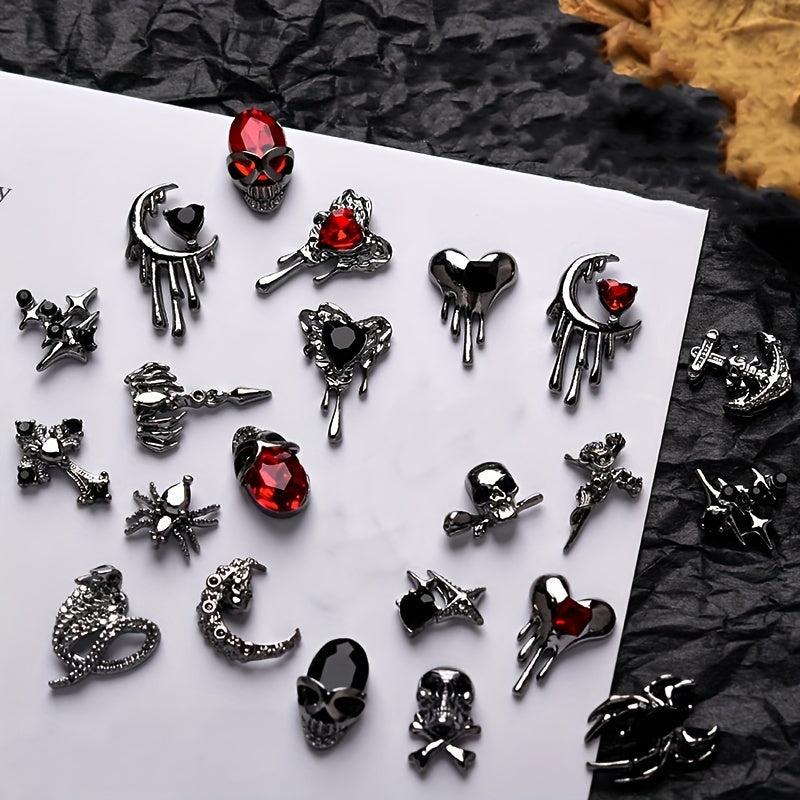 20pcs Halloween Crocodile Skull Spider Nail Charms with Rhinestones Heart Moon