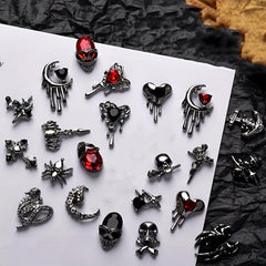 20pcs Halloween Crocodile Skull Spider Nail Charms with Rhinestones Heart Moon