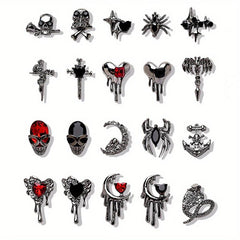 20pcs Halloween Crocodile Skull Spider Nail Charms with Rhinestones Heart Moon