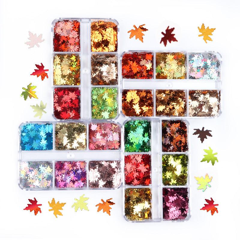 6 Grids Maple Leaves Nail Sequins Autumn Nail Decorations