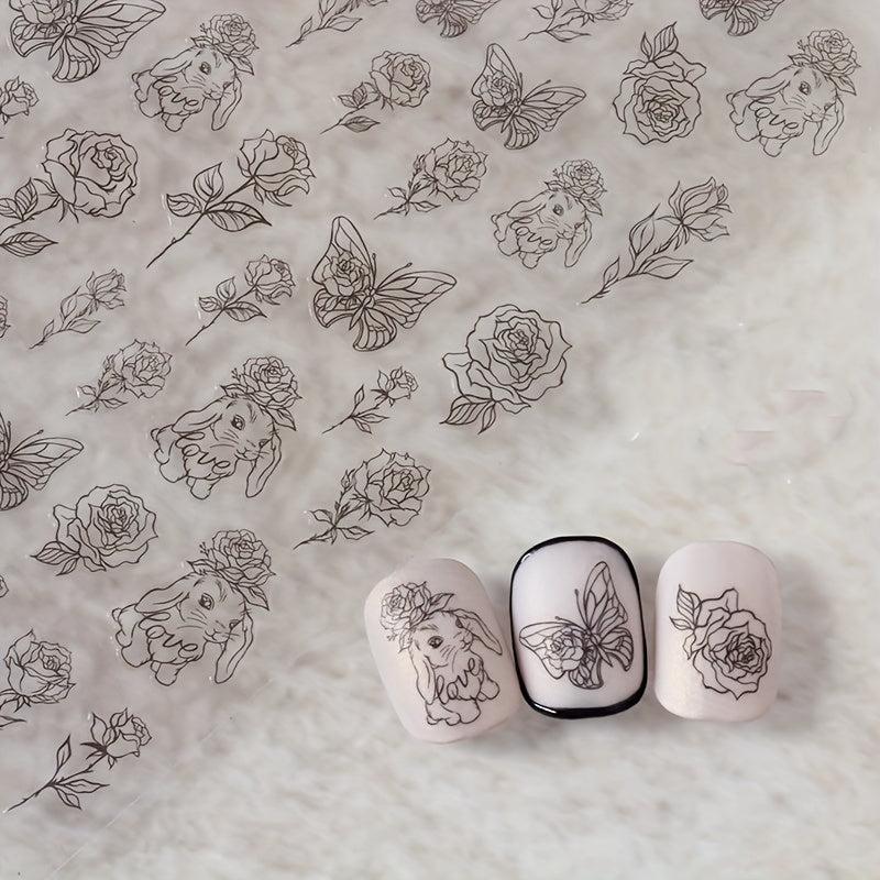 Hand Drawn Rabbit Roses Butterfly Nail Art Stickers