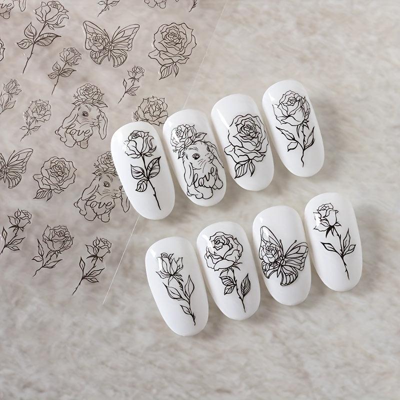 Hand Drawn Rabbit Roses Butterfly Nail Art Stickers