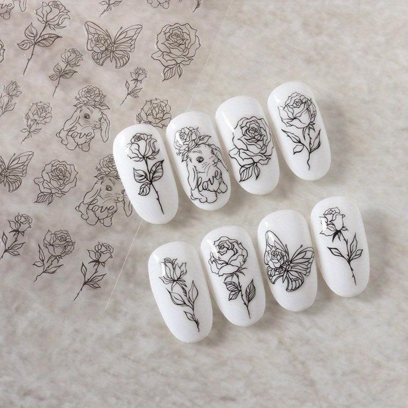 Hand Drawn Rabbit Roses Butterfly Nail Art Stickers