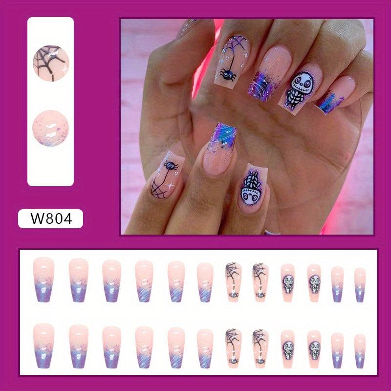 24pcs Halloween Christmas Press On Nails Skull Heart Spider Web Glossy Short Squ