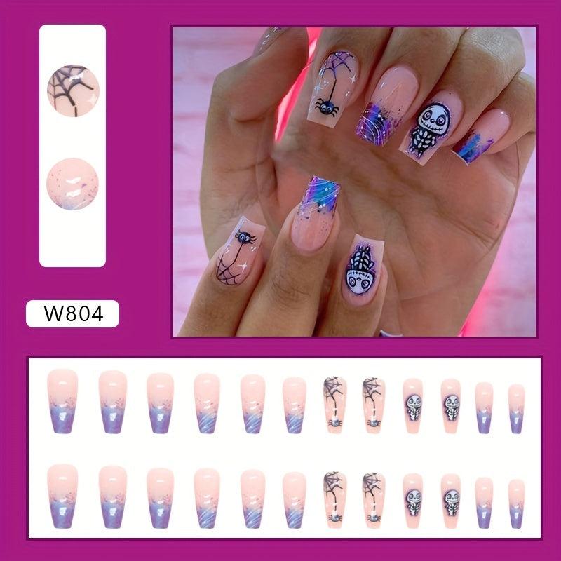 24pcs Halloween Christmas Press On Nails Skull Heart Spider Web Glossy Short Squ