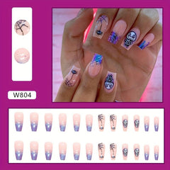 24pcs Halloween Christmas Press On Nails Skull Heart Spider Web Glossy Short Squ