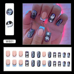 24pcs Halloween Christmas Press On Nails Skull Heart Spider Web Glossy Short Squ