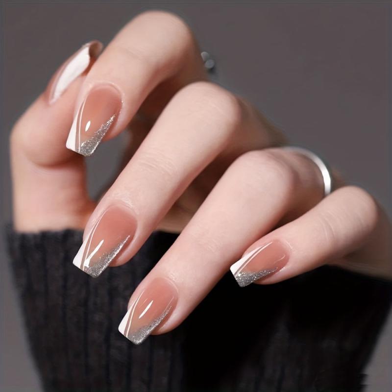 Silver Glitter French Line Nails Art Stickers 3D Geometry Manicure Tips