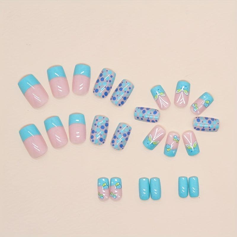 Butterfly Design Nude Pink Square False Nails with Glue