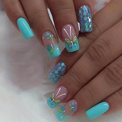 Butterfly Design Nude Pink Square False Nails with Glue