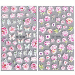 5D Embossed Pink Rose Nail Sticker Floral Sliders Peach Blossom Decals