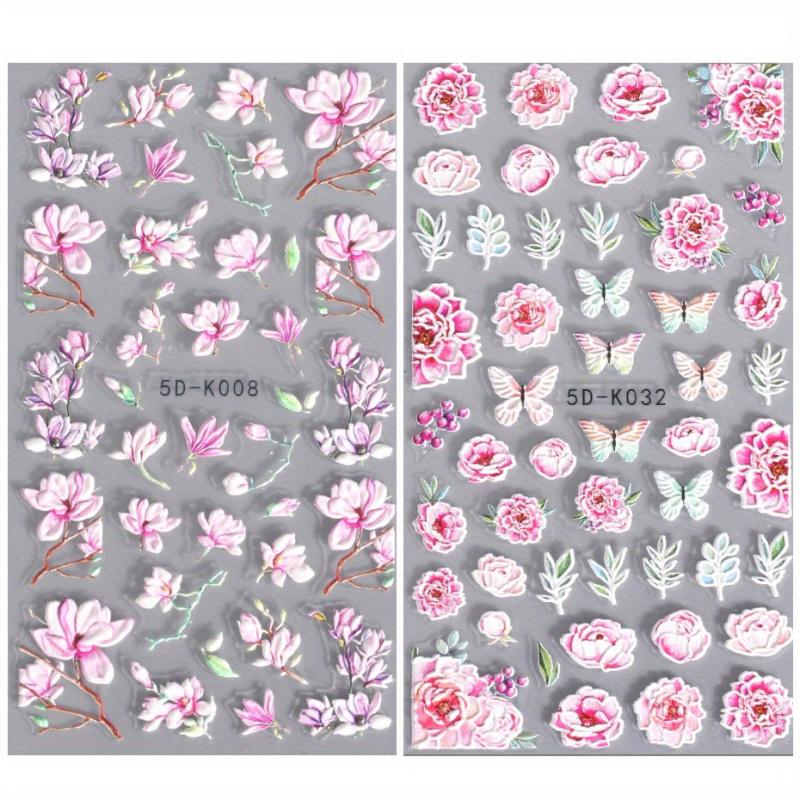5D Embossed Pink Rose Nail Sticker Floral Sliders Peach Blossom Decals