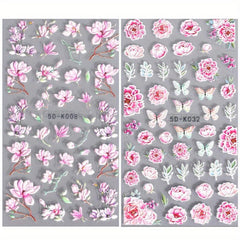 5D Embossed Pink Rose Nail Sticker Floral Sliders Peach Blossom Decals