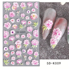 5D Embossed Pink Rose Nail Sticker Floral Sliders Peach Blossom Decals