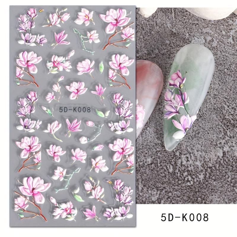 5D Embossed Pink Rose Nail Sticker Floral Sliders Peach Blossom Decals