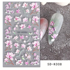 5D Embossed Pink Rose Nail Sticker Floral Sliders Peach Blossom Decals