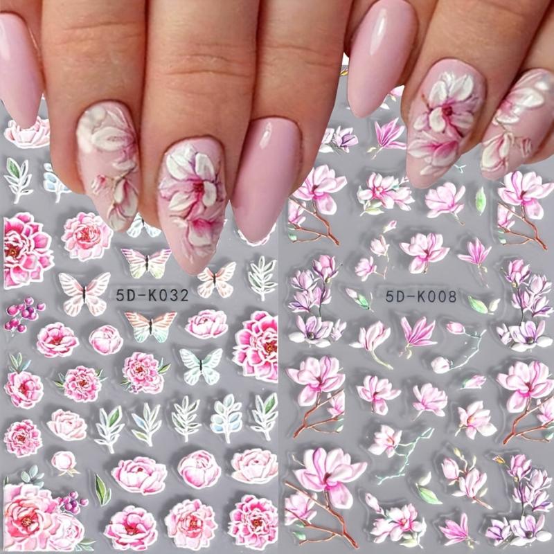 5D Embossed Pink Rose Nail Sticker Floral Sliders Peach Blossom Decals