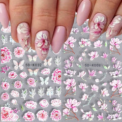 5D Embossed Pink Rose Nail Sticker Floral Sliders Peach Blossom Decals