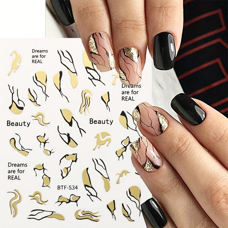 Metallic Marble Nail Decals Self Adhesive French Stripe Wavy Nail Stickers