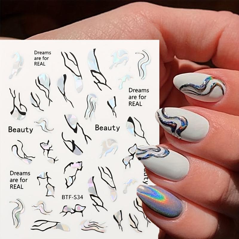 Metallic Marble Nail Decals Self Adhesive French Stripe Wavy Nail Stickers