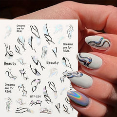 Metallic Marble Nail Decals Self Adhesive French Stripe Wavy Nail Stickers