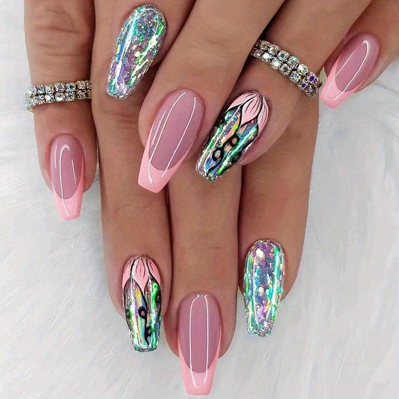 Glittery French Tip Full Cover False Nails