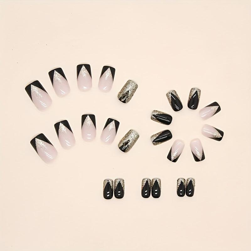 Glittery French Tip Full Cover False Nails