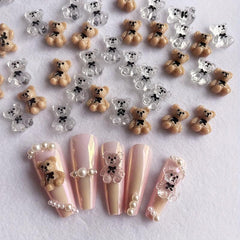10 pcs 3D Clear Brown Bear Nail Charms with Bow for Nail Art DIY