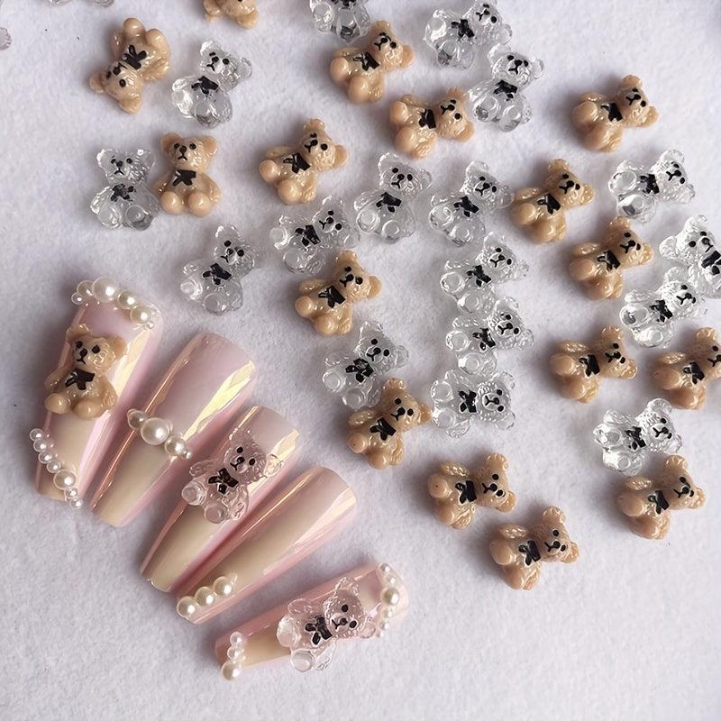 10 pcs 3D Clear Brown Bear Nail Charms with Bow for Nail Art DIY