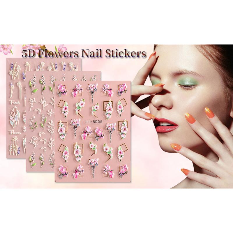 5D Embossed Flower Nail Art Stickers - Self Adhesive Spring Flower Nail Stickers
