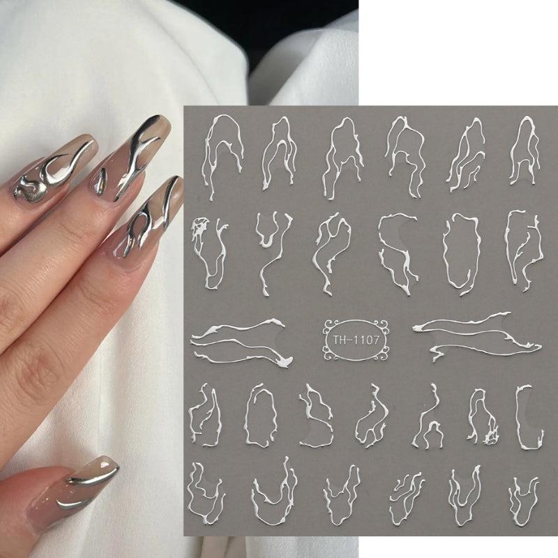 1 pcs 3D Silver Thorns Vine Curve Stripe Lines Tape Gel Nail Art Decals