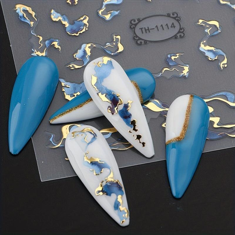 Metallic Marble Nail Art Stickers Self Adhesive French Stripe Wavy Decals