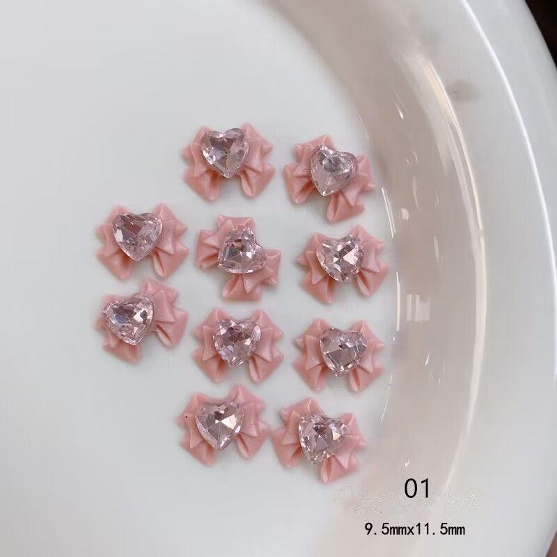 10pcs 3D Pink Bow Nail Art Charms With Glass Crystal Rhinestone