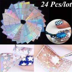 24 Sheets Laser Nail Vinyls Irregular Grid Stencil Polish Transfer Manicure