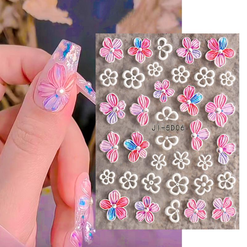 5D Flower Nail Stickers Embossed Stereoscopic Nail Decals Self-adhesive Decals