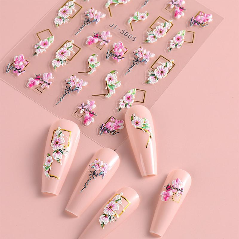 5D Flower Nail Stickers Embossed Stereoscopic Nail Decals Self-adhesive Decals