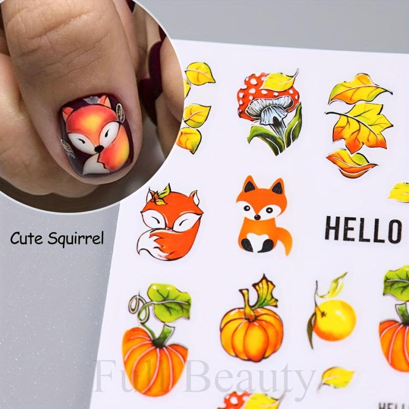 Maple Leaf Pumpkin Squirrel Nail Art Stickers for Fall - 4pcs