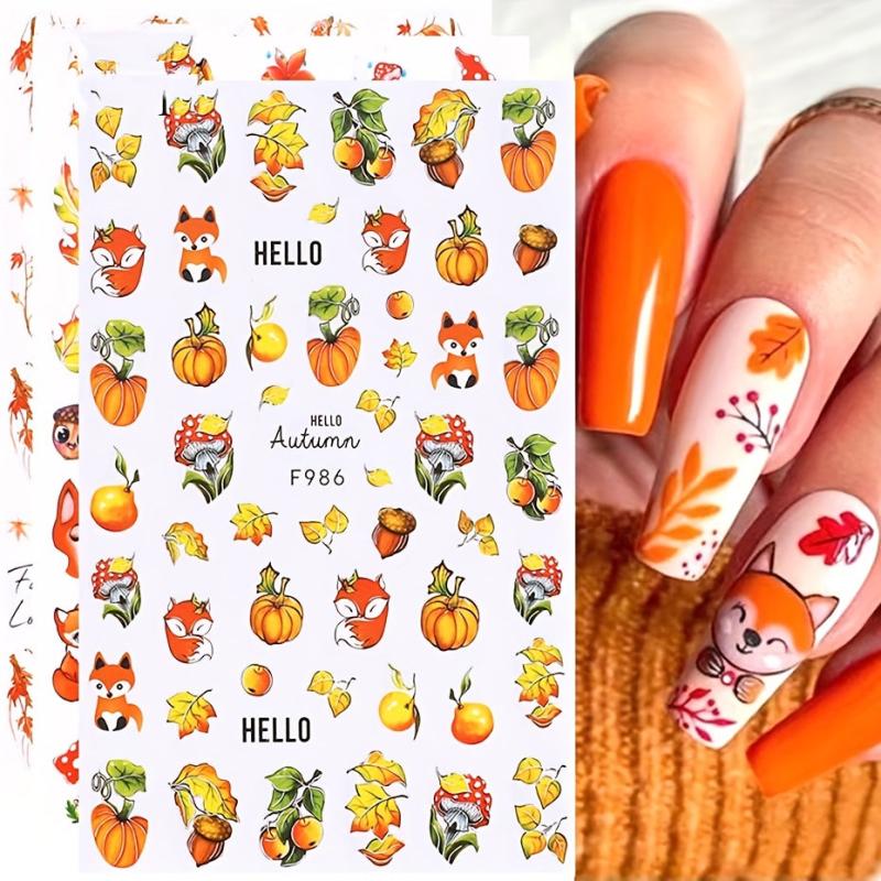 Maple Leaf Pumpkin Squirrel Nail Art Stickers for Fall - 4pcs