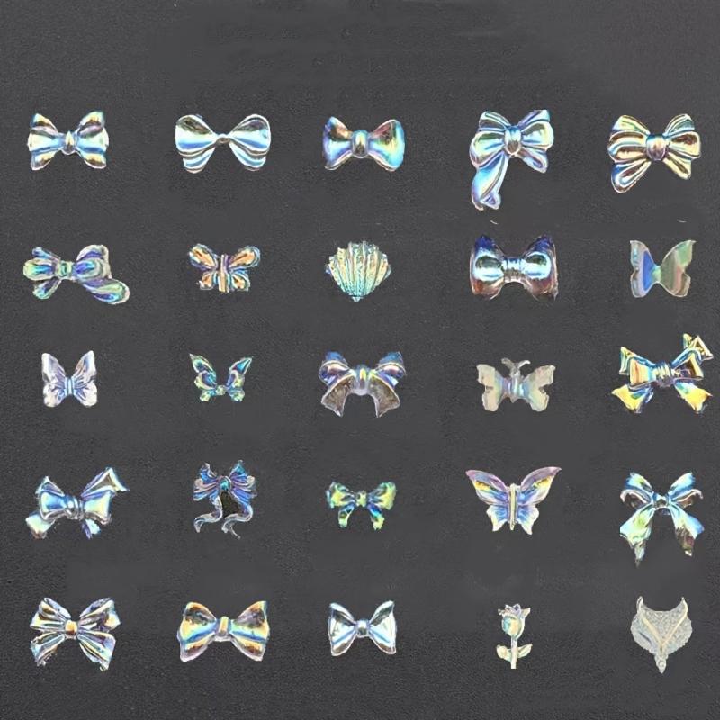 50 pcs Aurora Glitter 3D Bow Nail Art Charm Rhinestone Bow Knot Nail Charms