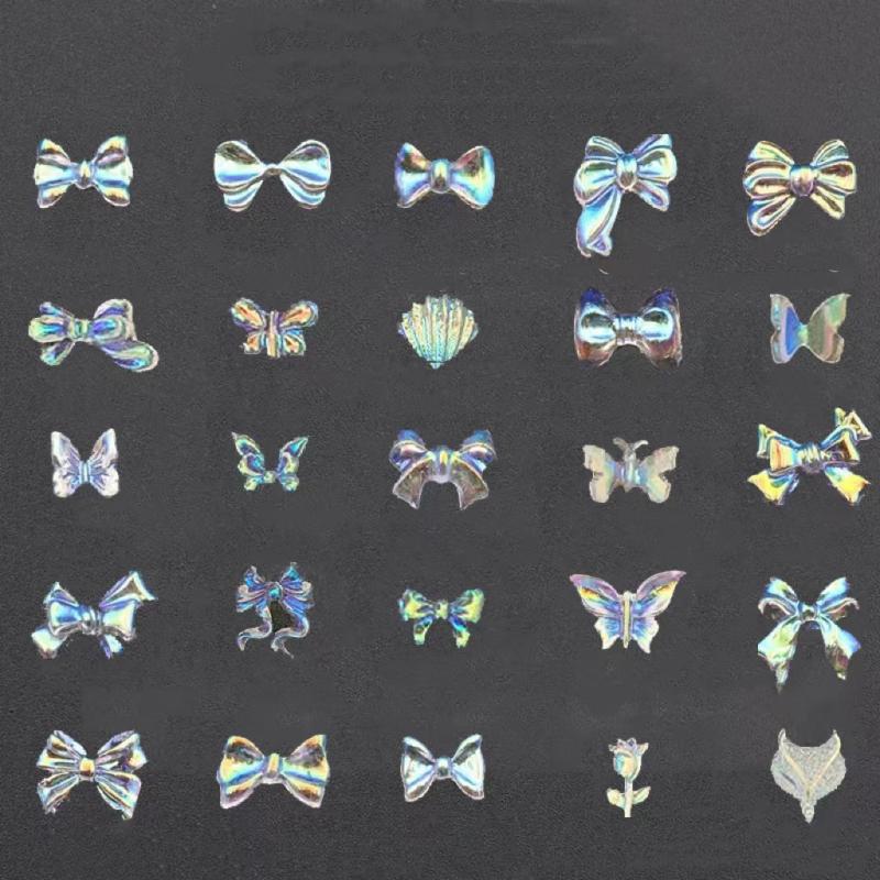 50 pcs Aurora Glitter 3D Bow Nail Art Charm Rhinestone Bow Knot Nail Charms