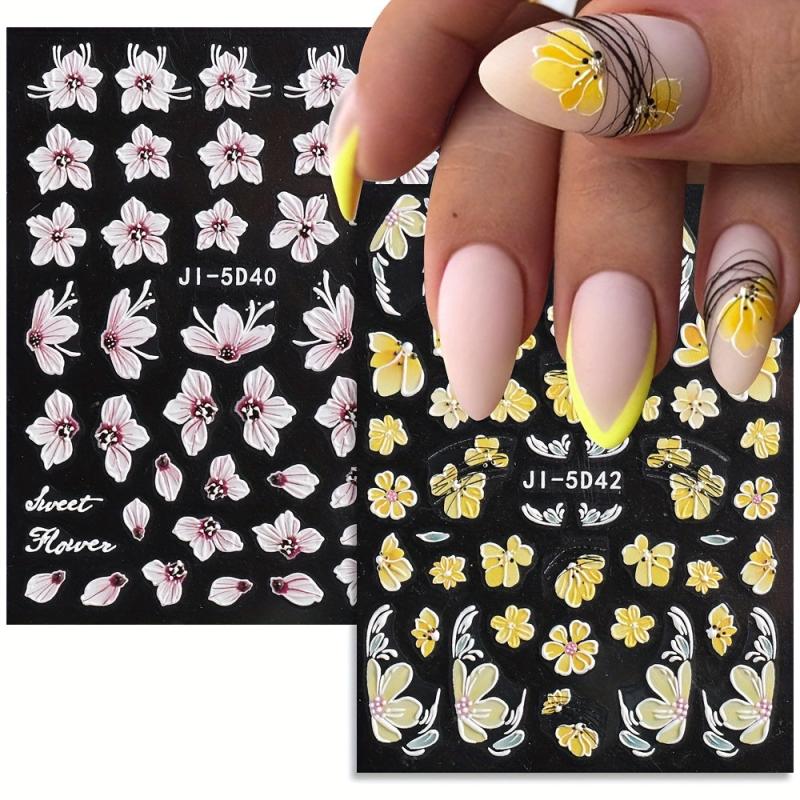 Colorful Flower Nail Art Stickers 5D Embossed Osmanthus Camellia Nail Art Decals