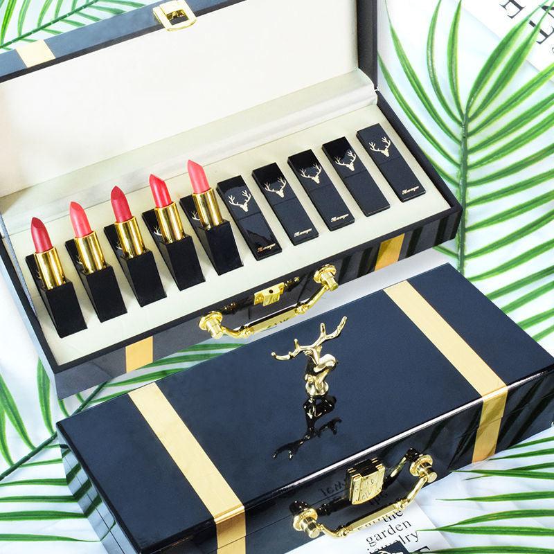 10-Piece Moisturizing Lipstick Set in Wooden Box - Nude Lip Gloss Collection