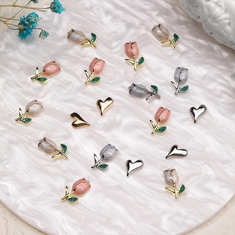 10 Pcs Alloy Tulip Nail Ornament 3D Flower Nail Charms