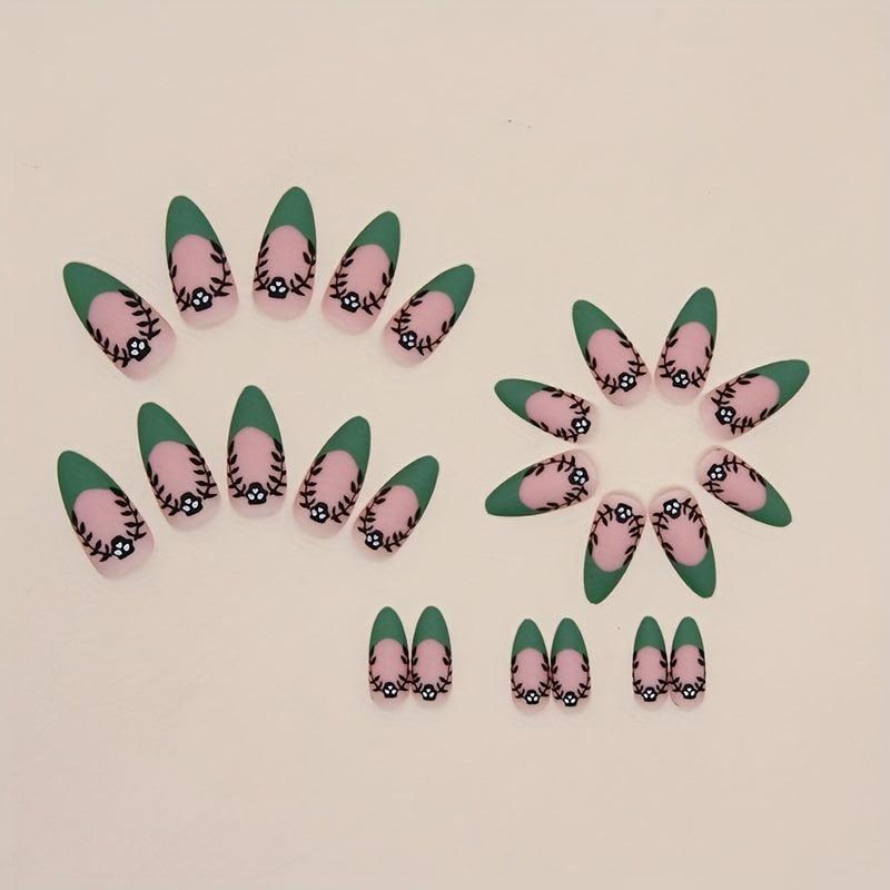 24pcs Green French Tip Press On Nails with Skull Full Cover False Nails