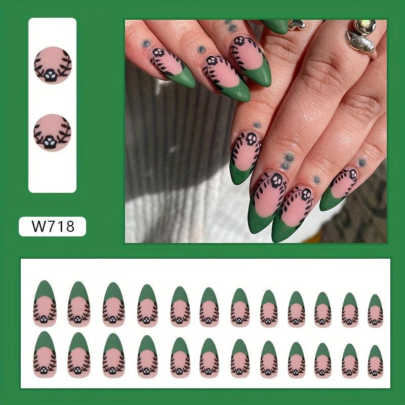 24pcs Green French Tip Press On Nails with Skull Full Cover False Nails