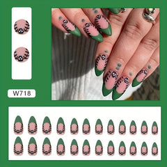 24pcs Green French Tip Press On Nails with Skull Full Cover False Nails